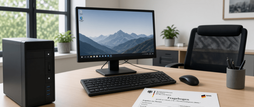 Schreibtisch, PC und Fragebogen - mit KI erzeugt