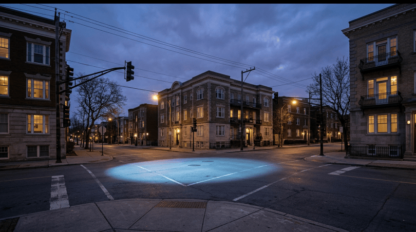 Historic brick buildings surrounding a quiet intersection at dusk