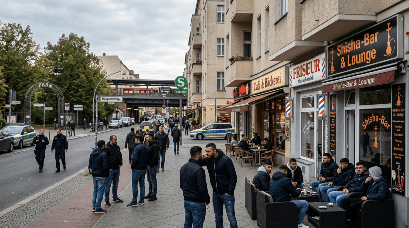 Busy Berlin street with shops, police, pedestrians, and an S-Bahn station